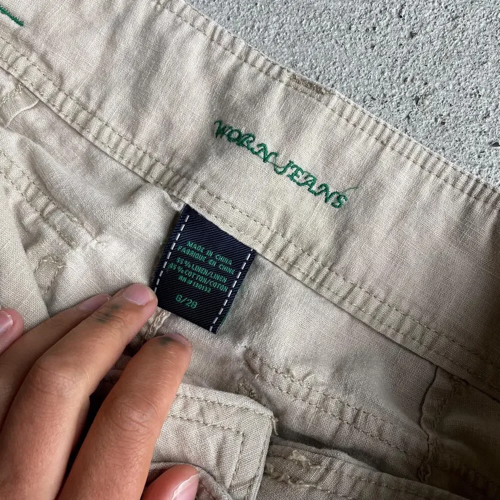 y2k vintage 2000's tan linen cotton midrise loose cargo cropped capri pants 6 - Picture 7 of 7